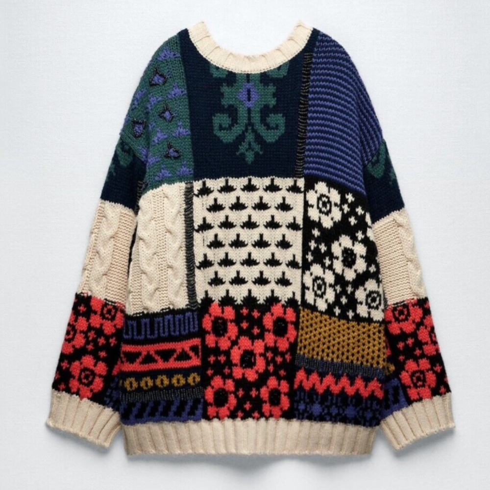 Zara boho wool blend embellished patchwork knit sweater limited edition NWT